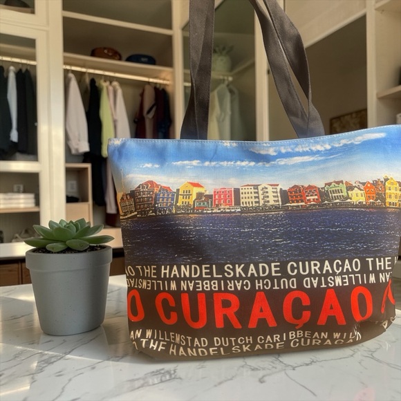 willemstad Curacao Handbags - Curaçao Harbor Print Tote Bag — Blue and Brown